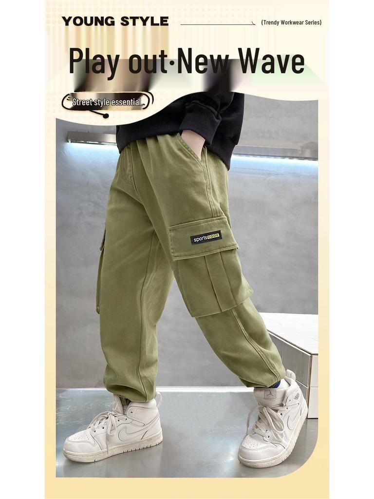 Boys' Cargo Pants - Spring/Autumn 2024, Stylish Casual Cotton for Kids, Middle & Big Children.