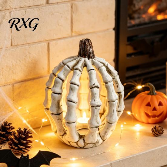 Halloween Skull Pumpkin Ornaments Figurine, Realistic Resin Skeleton Statue Decorations, Spooky Indoor Table Decor Desktop for Haunted House