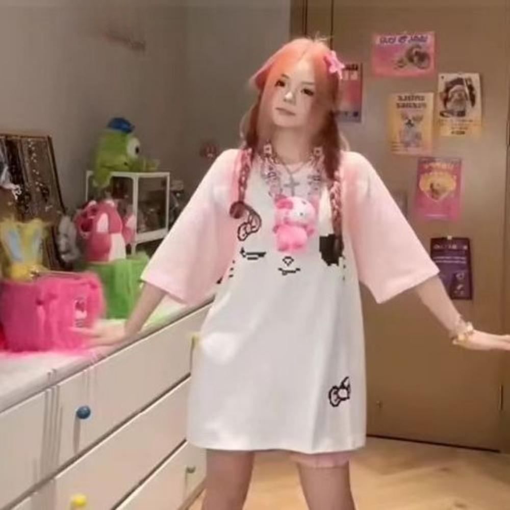 Футболка контрастного цвета Y2k Aesthetic Harajuku Vintage Skull Tops Women Kawaii Print Casual Loose Fairy Grunge Streetwear Tops