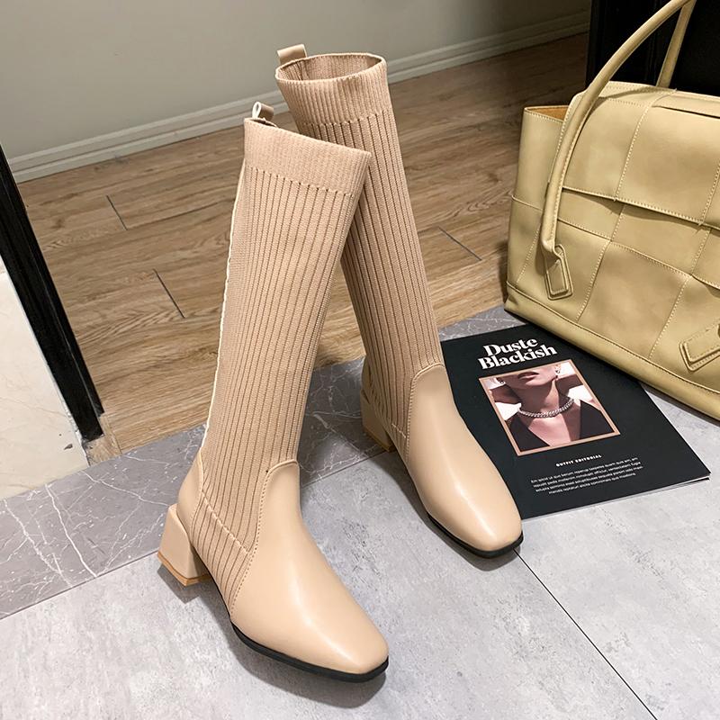 Сапоги-носки до колена для женщин. Стиль. Женские длинные туфли. Элегантные осенние туфли на танкетке с эластичной резинкой.