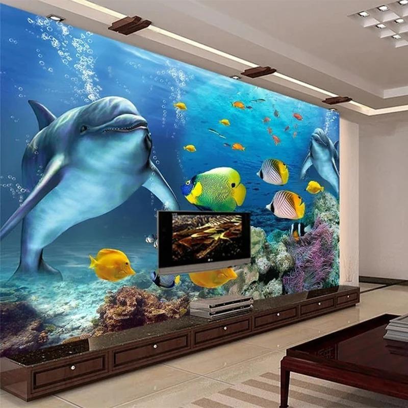 Modern 3d Wall Mural Stereo Dolphin Fishes Animal Fresco Living Room Children's Bedroom Home Decor Backdorp Wallpaper