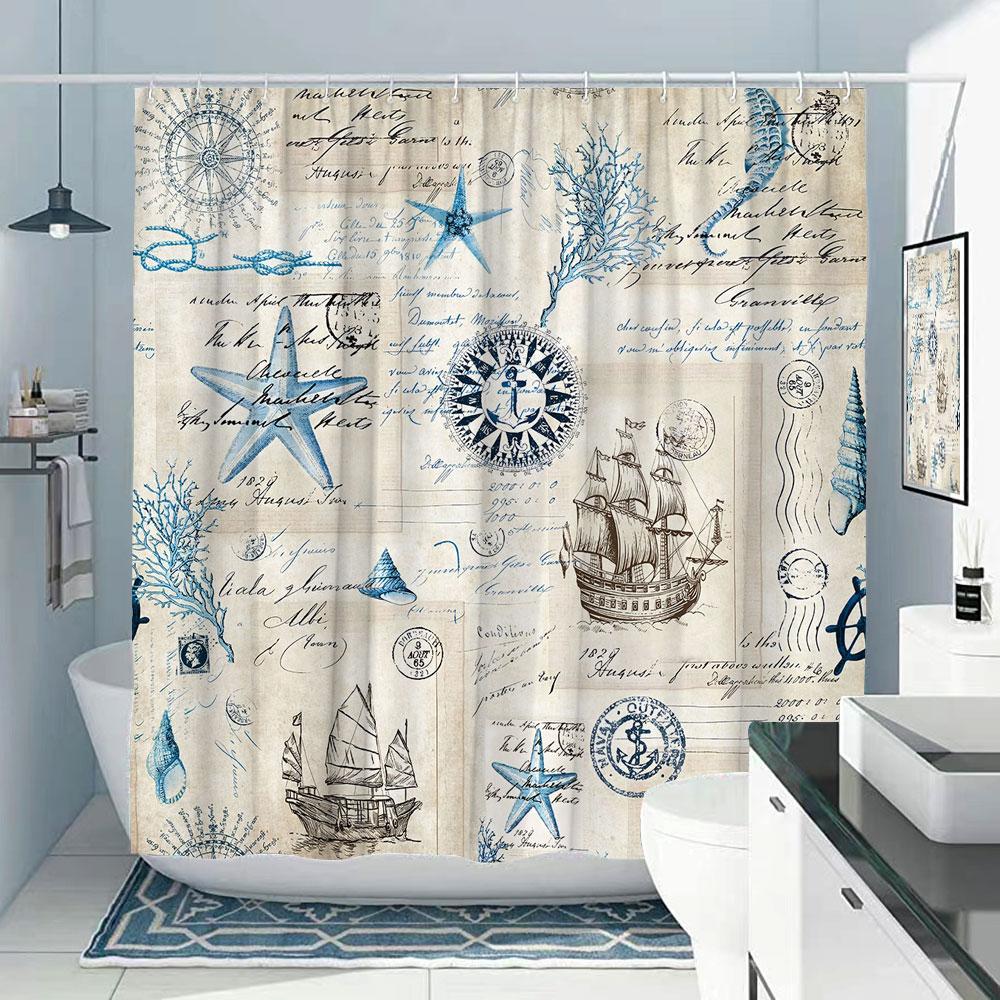 Octopus Bath Shower Curtain Nautical Ocean Sea Turtle Beach Coastal Navy Blue Fish Seashell Jellyfish Fabric Bath Curtains Bathroom Decor