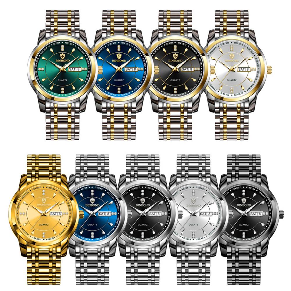 Мужские часы, модные золотые кварцевые часы для мужчин, нержавеющая сталь, водонепроницаемые, светящиеся наручные часы, дата, неделя