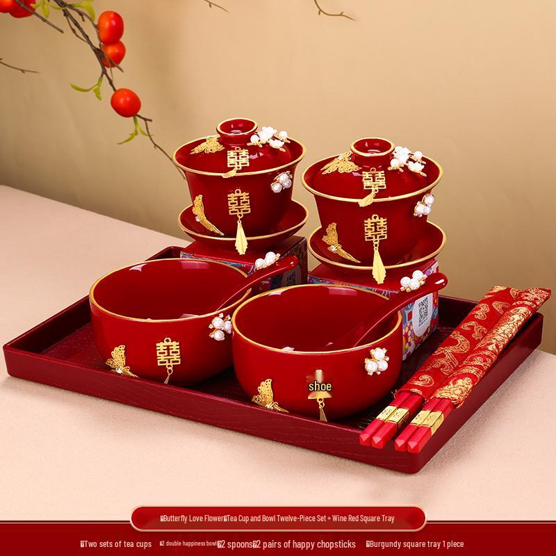 Elegant Wedding Tea Set: Red Toasting Cups, Happy Bowls, and Chopsticks Pair
