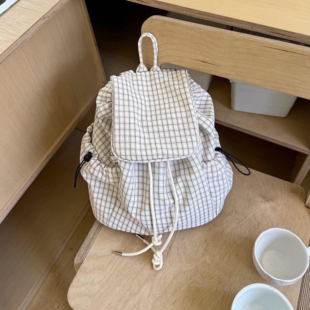 Korean Solid Color Drawstring Backpacks Korean Light Weight Ruched Shoulder Bags Casual Canvas Plaid Nylon Backpacks Outdoor