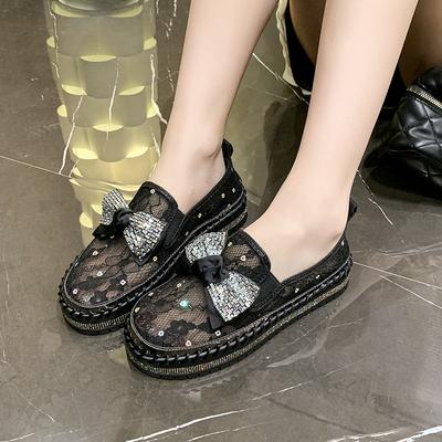 Летние повседневные туфли на платформе со стразами и сеткой, женские 2025 г., блестящие мокасины с бантом на платформе с отделкой
