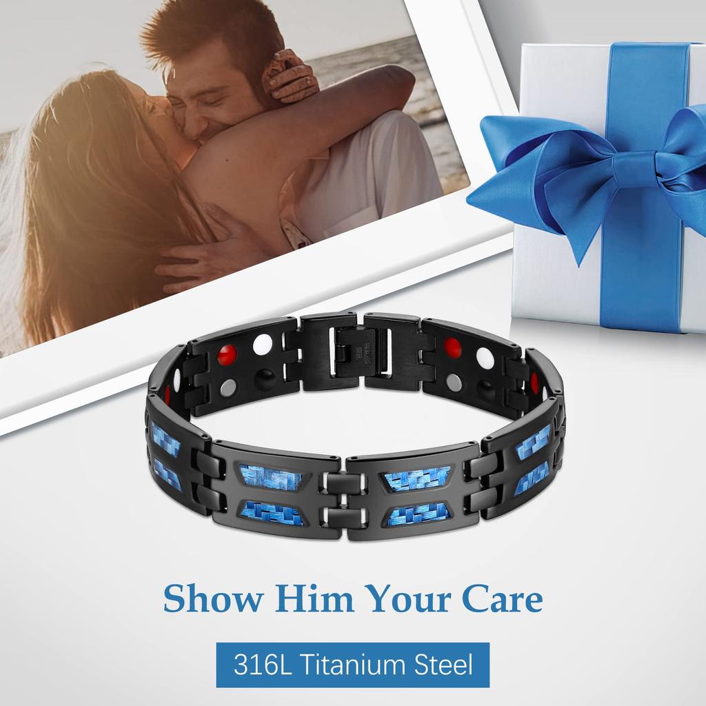 Magnetic Therapy Bracelets for Men Unique Blue Carbon Fiber Titanium Steel Materials Magnetic Bracelet for Men Black with 4 Element Magnets