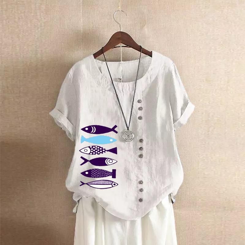 2025 Хлопковая женская одежда с ретро-узором в виде рыбки, повседневная свободная футболка из хлопка и льна с короткими рукавами, женская одежда, большой размер