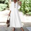 Женская мода V-образный вырез рукав семь карман однотонный молния повседневный отпуск длинные хлопково-льняные платья