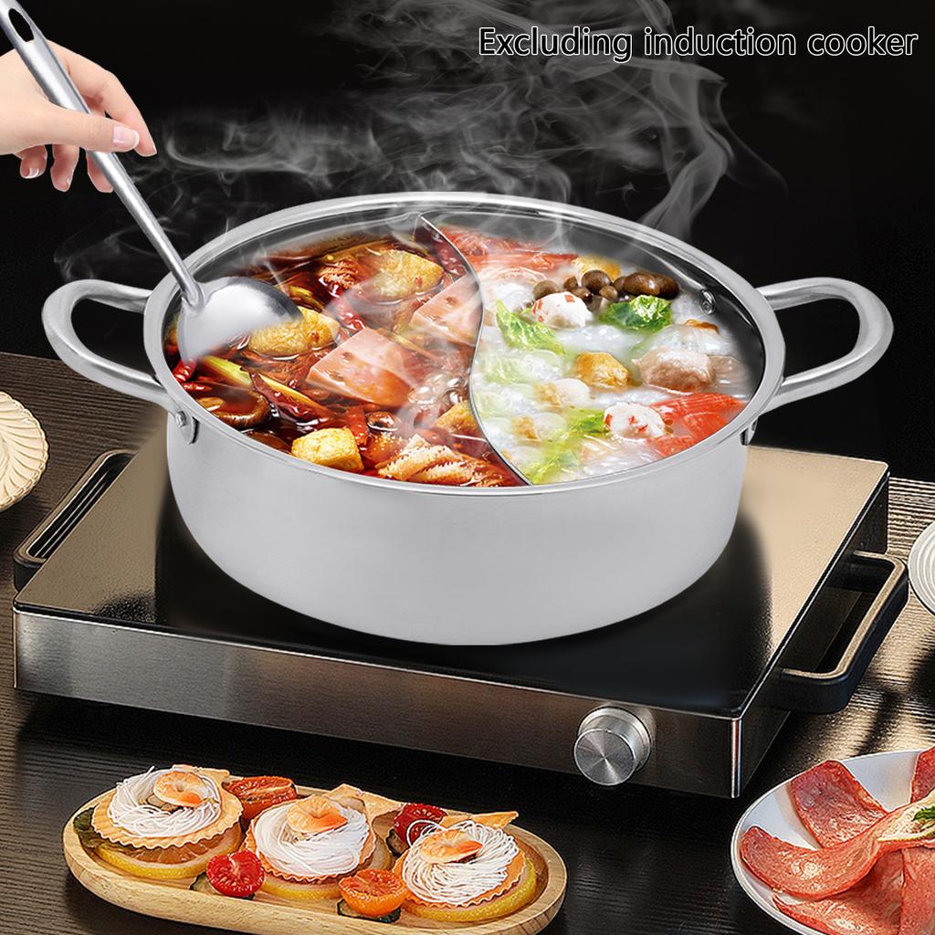 32cm Stainless Steel Hot Pot with Divider, Dual-Sided Cooking Pot, 304 Stainless Steel Pot with Glass Lid, Soup Spoon & Strainer
