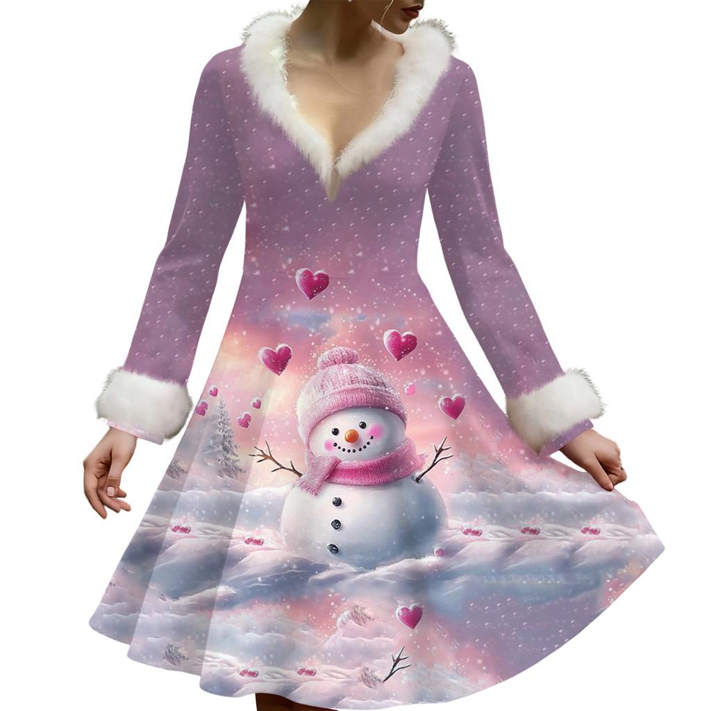 Женское повседневное платье с V-образным вырезом, рождественским принтом, плюшевыми длинными рукавами