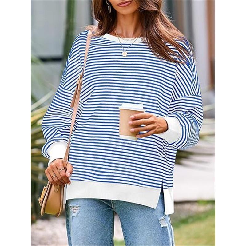 Women Striped Crew Neck Sweatshirt Loose Oversized Long Sleeve Pullover Casual Daily Blouse Top