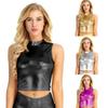Women's Metallic Mock Neck Crop Top Faux Leather Vest Tops Glossy Rave Party Clubwear