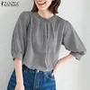 Women Casual Round Neck 3/4 Sleeve Loose Plaid Print Blouse