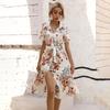 Women's Summer Ethnic Printed Short Sleeve High Waist A Line Lace Up Dress
