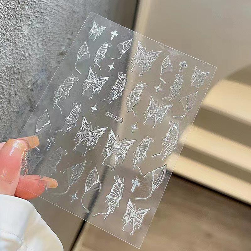 Серебряные черные белые бабочки 3D наклейки для ногтей металлические бабочки звезды распятия самоклеящиеся слайдеры обертывания маникюрные гель-лаки наклейки