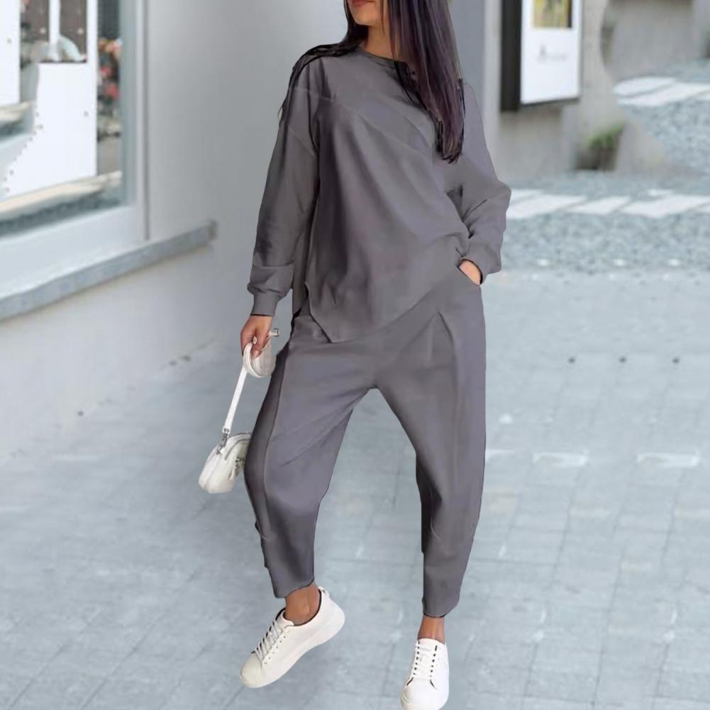 2 Pcs/Set Fall Spring Women Top Pants Set Long Sleeves O Neck Irregular T-shirt Elastic Waist Trousers with Side Pockets OL Comm