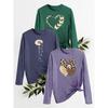 Three-piece set of women's casual sporty tops with heart, butterfly, and flower prints in a fashionable retro style, round neck and long sleeves T