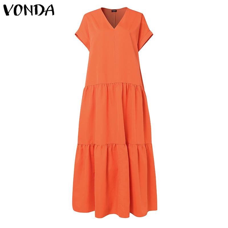 VONDA Women Summer V-Neck Short Sleeve Layered Dresses