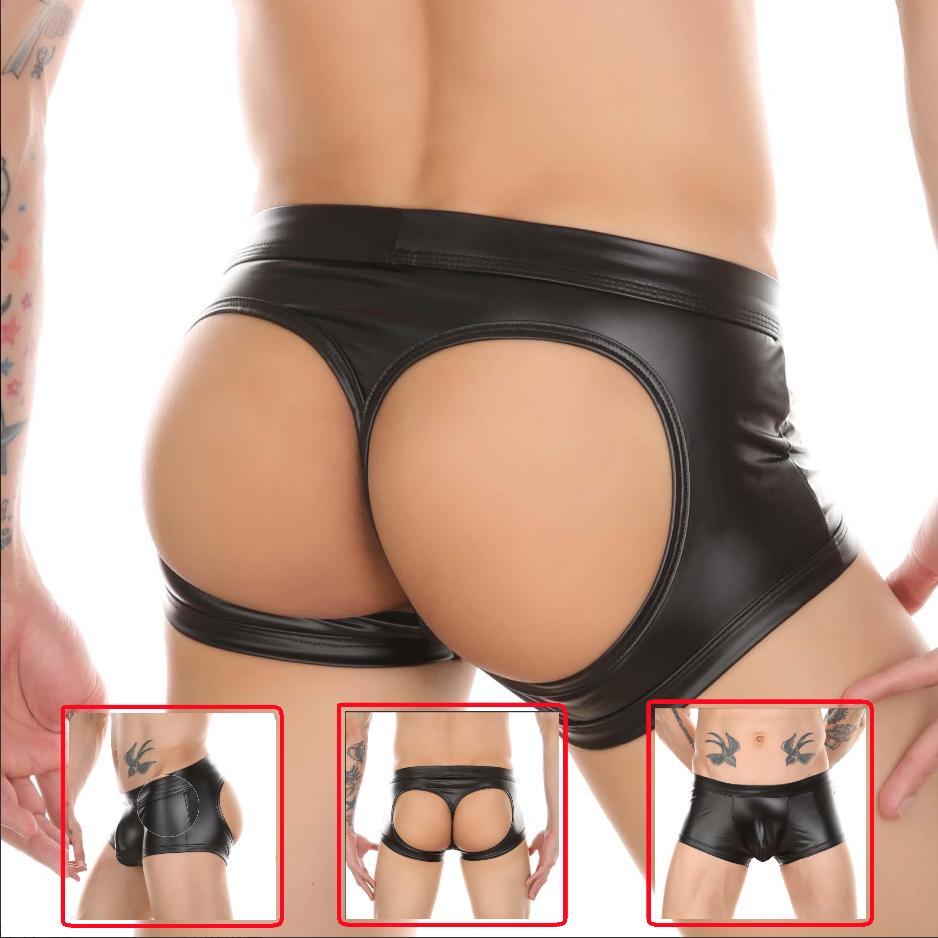 Мужские эротические трусики, крутое нижнее белье из искусственной кожи, дизайн ягодиц, сексуальные полые шорты-боксеры для ночного клуба