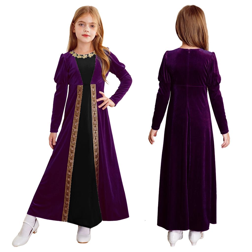 Girls Renaissance Dress Princess Medieval Long Sleeve Maxi Dress Gothic Cosplay Costume Halloween Role Playing Party Fancy Dress Gown