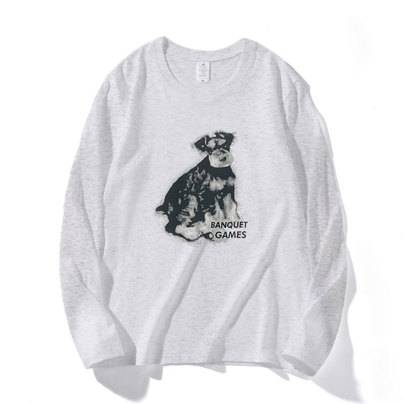 Women's Versatile White Cotton Long Sleeve Puppy Cartoon T-Shirt