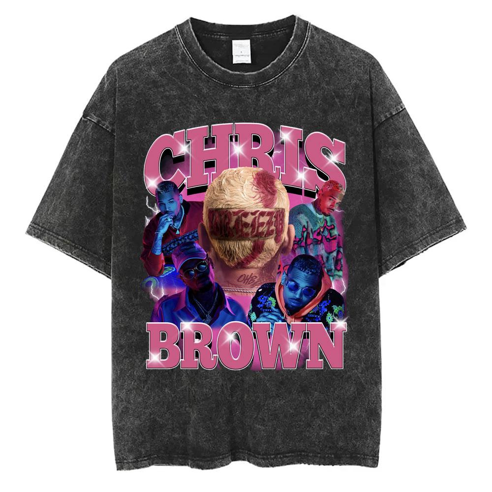 Washed Chris Brown Music Album Cover Print Tshirt Breezy Bowl XX Tour Merch T Shirts Men Women Hip Hop High Quality Tshirt