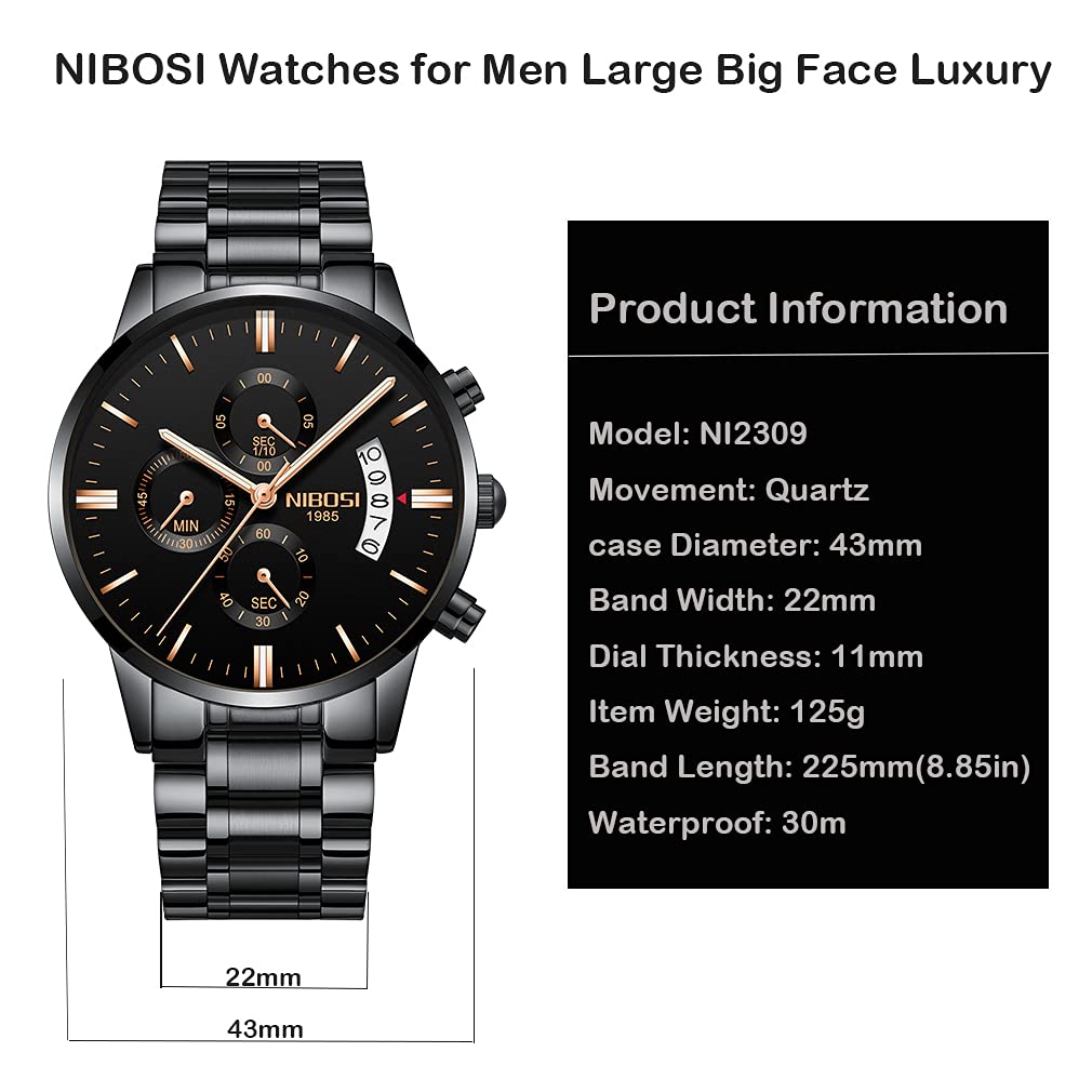 NIBOSI Men's Watch, Black, Big Face, Chronograph, Analog, Business, Casual, Metal Band, Stainless Steel, Date, Fluorescent, Luxury, Father's Day Gift