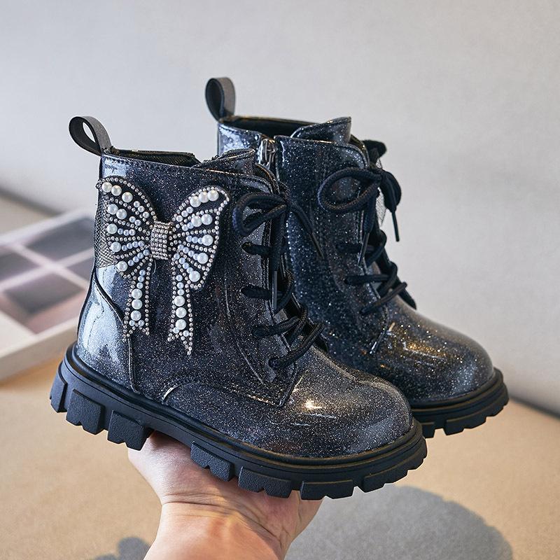 Botines/ботинки для девочек, осенне-зимняя обувь принцессы с бантом, модные блестящие ботильоны на мягкой подошве, нескользящая детская обувь Botas