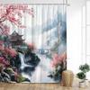 Пейзажная шторка для душа в японском стиле, тушь, гора, цветение сакуры, павильон, озеро, азиатское искусство, занавески для ванной, домашний декор для ванной