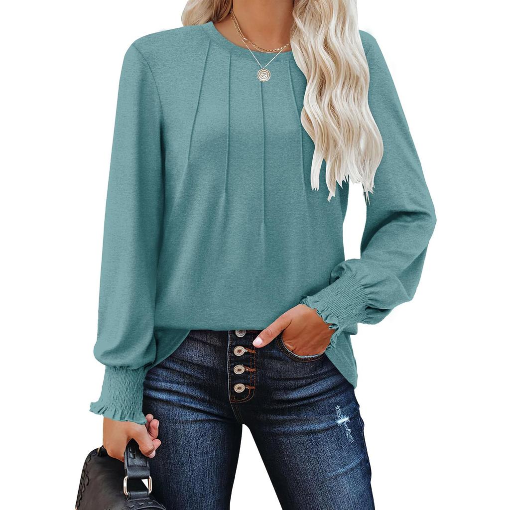 Женская модная повседневная плиссированная футболка с круглым вырезом и длинным рукавом, однотонная футболка