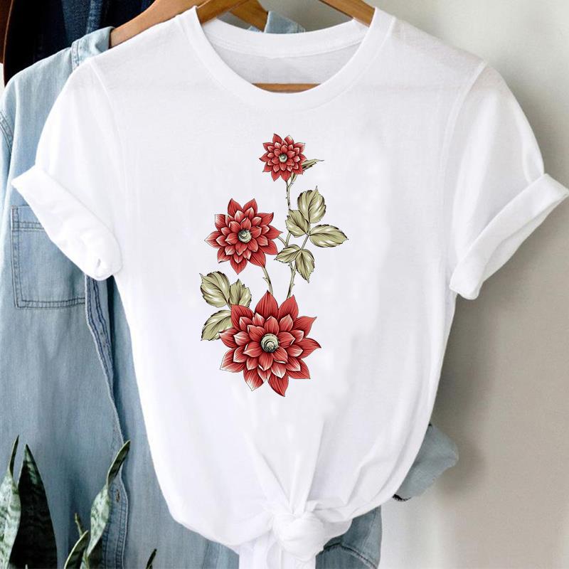 (Азиатский размер) Женская женская футболка с принтом, цветочный акварельный стиль, милая одежда 90-х годов, повседневная модная футболка с коротким рукавом, женские футболки с графикой