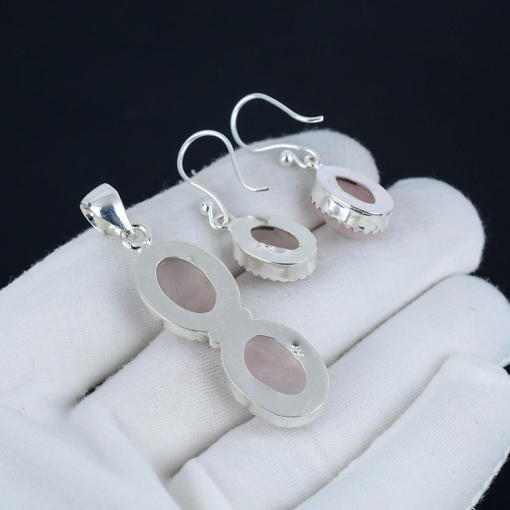 Natural Rose Quartz Pendant Set, Rose Quartz Gemstone Handmade 925 Sterling Silver Earring Pendant Set For Women Pendant Party Wear Gift
