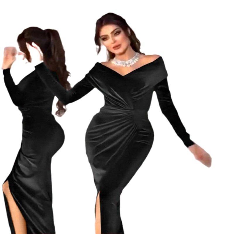 Spring and summer new European and American women's clothing temperament golden velvet dress annual meeting cheongsam dress retro evening dress
