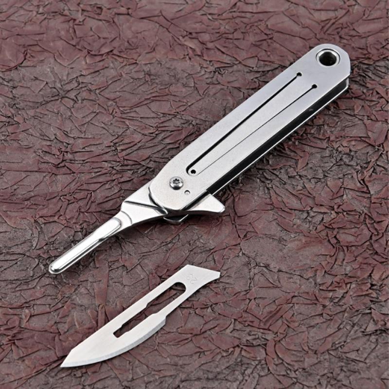EDC 23 # Stainless Steel Scalpel Pocket Folding Emergency Lockable Key Chain 10 Blades Free for Medical Surgery