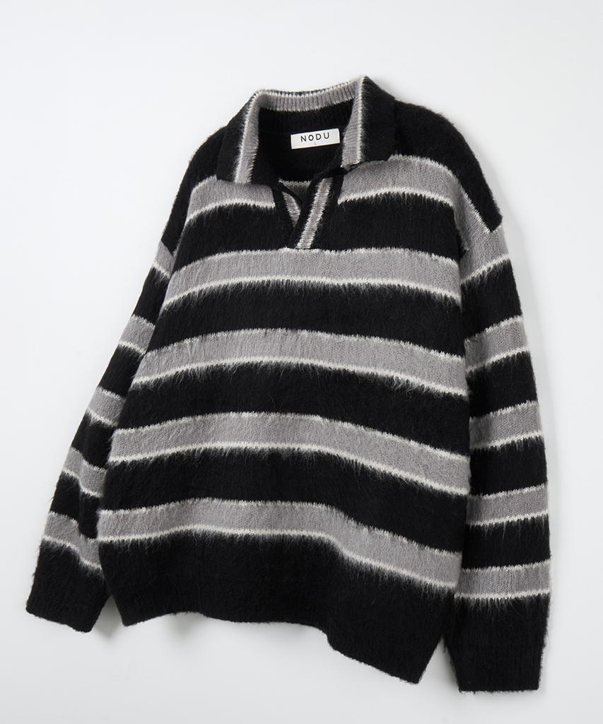 NODU Open Collar Striped Brush Knit [Black]