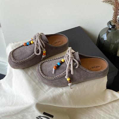 Женские туфли на плоской подошве с закрытым носком, с ремешком сзади, на шнуровке, с бисером, слипоны, с внутренней платформой, тапочки, универсальные, ретро, замшевые, женские туфли