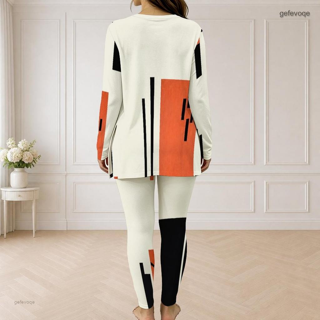 Women Plus Size White Orange Black Geometric Printed Half Zip Long Sleeve Two Piece Pants Set