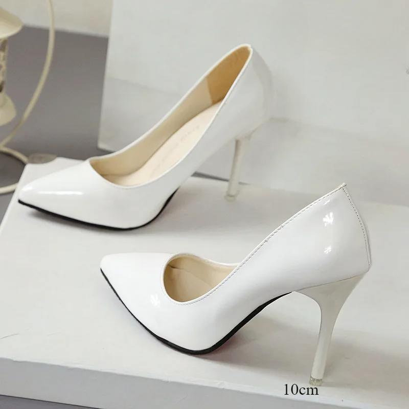 New Solid Color Pumps Women High Heel Shoes Female Fashion Patent Leather Sexy Pointed Toe Thin Heel Wedding Shoes Size 44