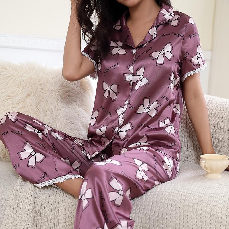 Женская пижама с принтом вишни и бабочек, атласный пижамный комплект с коротким рукавом, пуговицами, эластичным поясом, штаны, одежда для сна, домашняя одежда