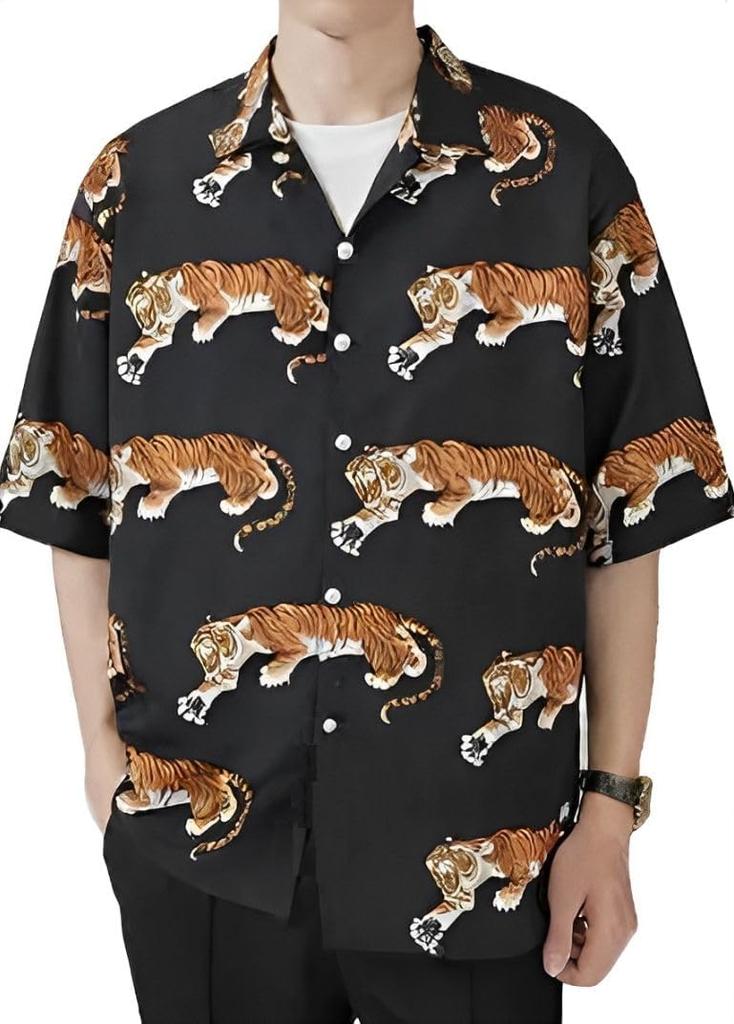 Aspersio Рубашка с коротким рукавом с тигровым принтом в японско-американском стиле с открытым коротким воротником, мягкая черная, взрослая, с узором, с воротником, крутая, стильная, с принтом, весенне-летняя