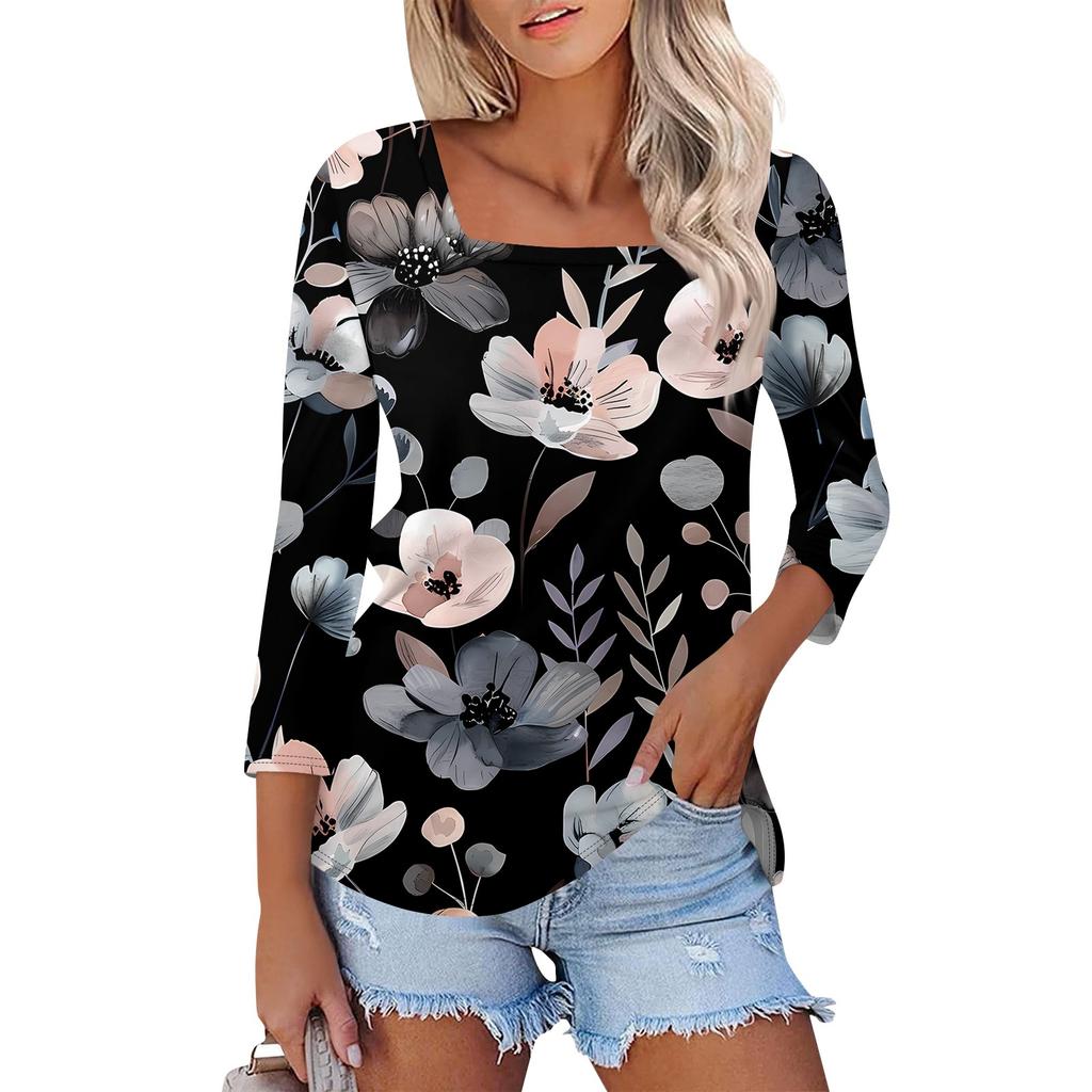 Shirt For Women's Fashion Casual Square Neck 3/4 Sleeve Loose Printed T-Shirt Ladies Top