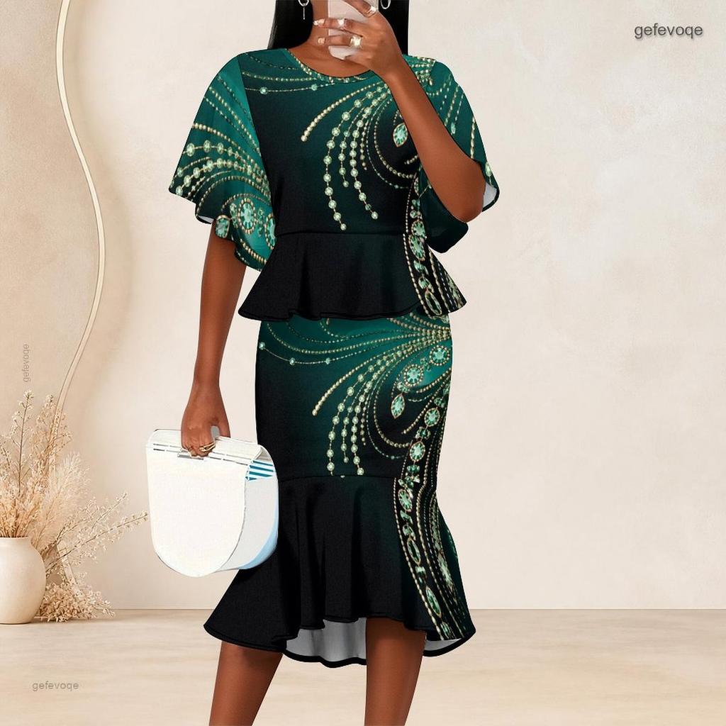 Women Plus Size Two Piece Set Round Neck Batwing Sleeve Printed Ruffle Hem Top Fishtail Skirt Dark Green Black
