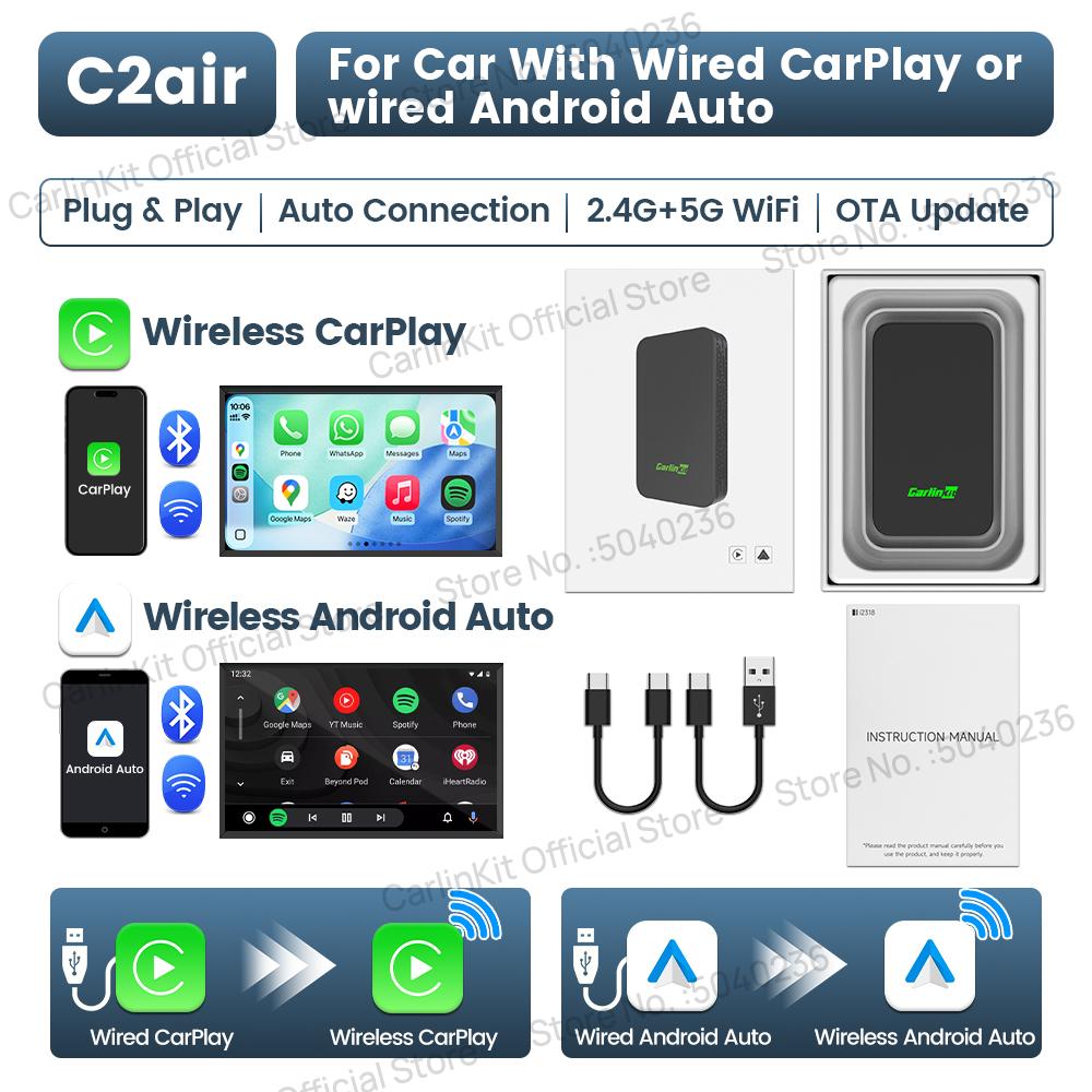CarlinKit 5.0 C2Air Беспроводной адаптер Беспроводной CarPlay Android Auto Plug & Play WiFi 2,4 ГГц и 5,8 ГГц BT Автоматическое подключение Для штатных автомобилей