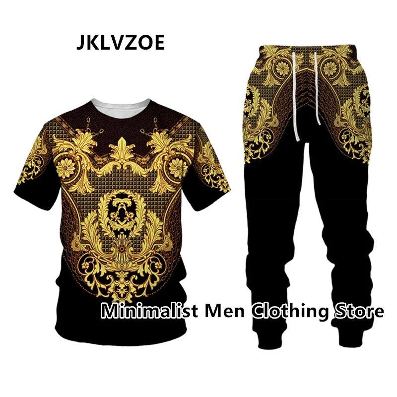 Мужской спортивный костюм, элитный бренд, футболка с коротким рукавом + длинные брюки, комплект из 2 предметов с золотистым 3D принтом, спортивная одежда для бега, повседневная уличная одежда