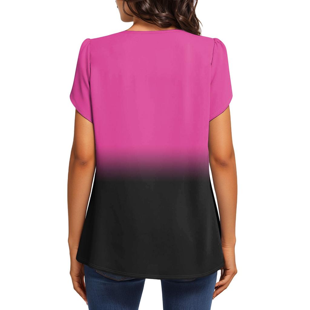 Женская модная футболка с круглым вырезом и коротким рукавом с градиентным принтом, повседневная базовая плиссированная футболка-пуловер