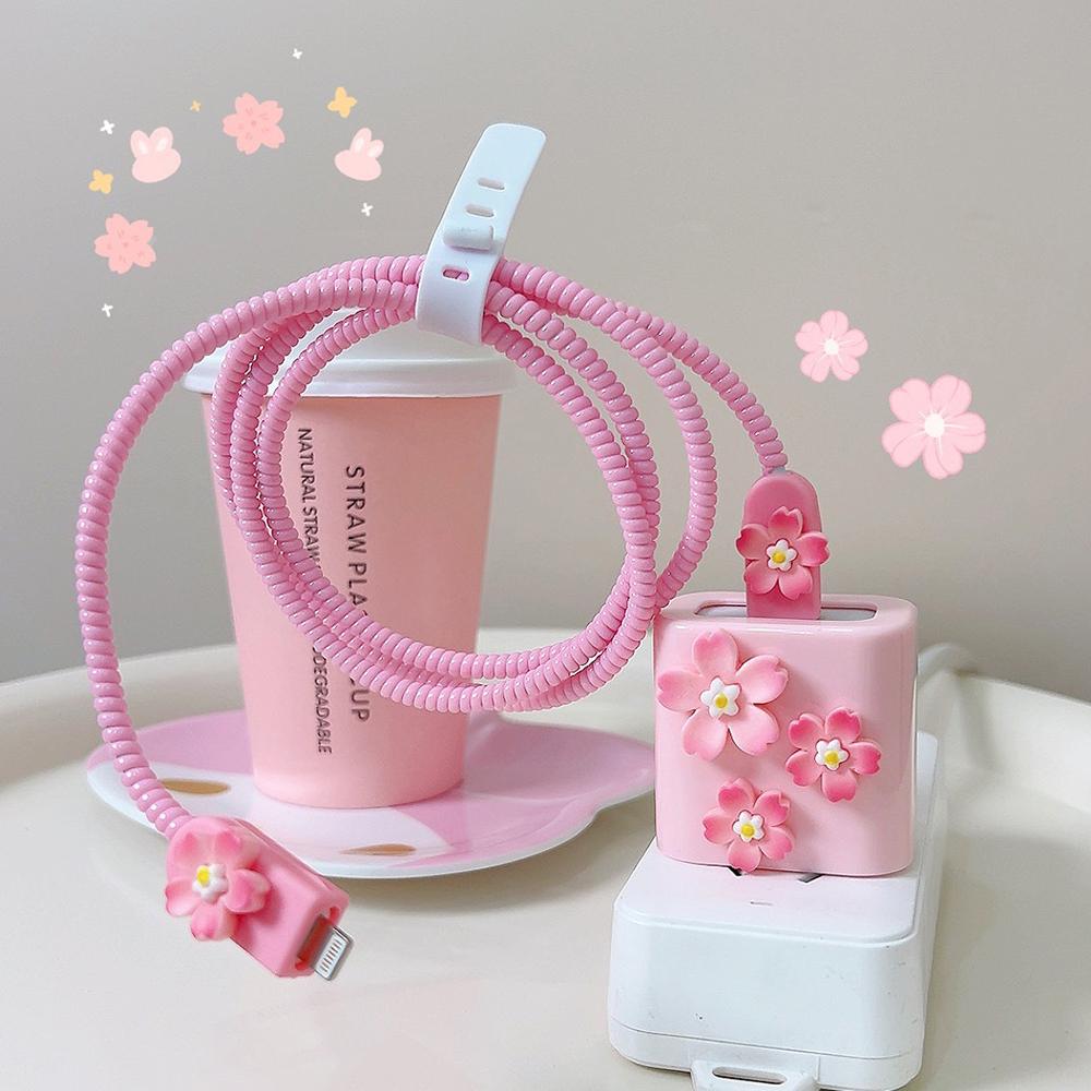 Applicable To Apple Data Cable Protective Cover Charger 18-20W Anti-breakage Winder Cute Flower Animal Advanced INS Style