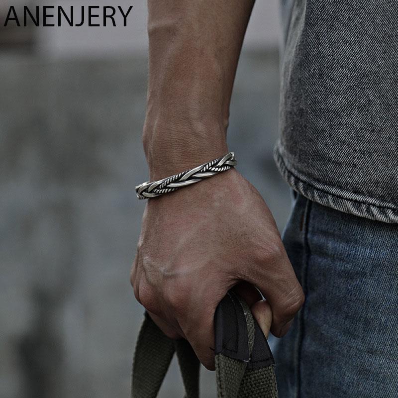 ANENJERY Women'S Fashion Jewelry Woven Twist Texture Bangles For Women Men Vintage Thai Silver Korean Vintage Bracelet Jewelry