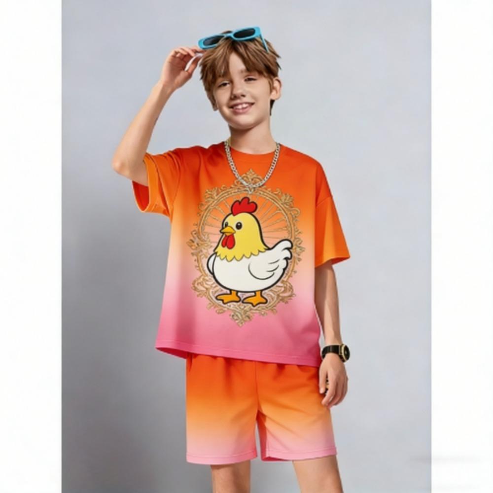Kids Set Fashion Cartoon Chicken Printed Kids T-shirt and Shorts 2 Piece Set Summer Casual Outdoor Boys and Girls Outfit Kids Clothing
