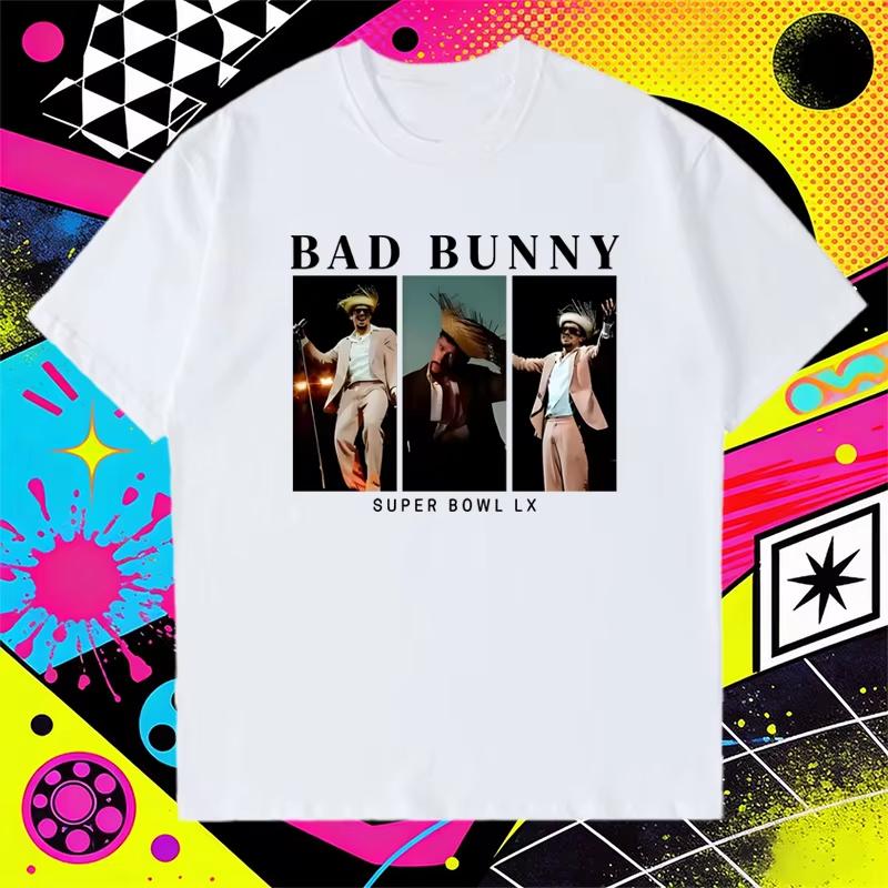 Футболка с графическим принтом Rapper Bad Bunny Super 2026 Весна-Лето Унисекс Женская харадзюку винтаж стритвир Унисекс Топы из чистого хлопка